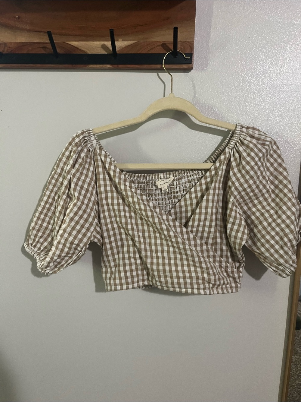 Gingham Wrap-Style Crop Top in Beige